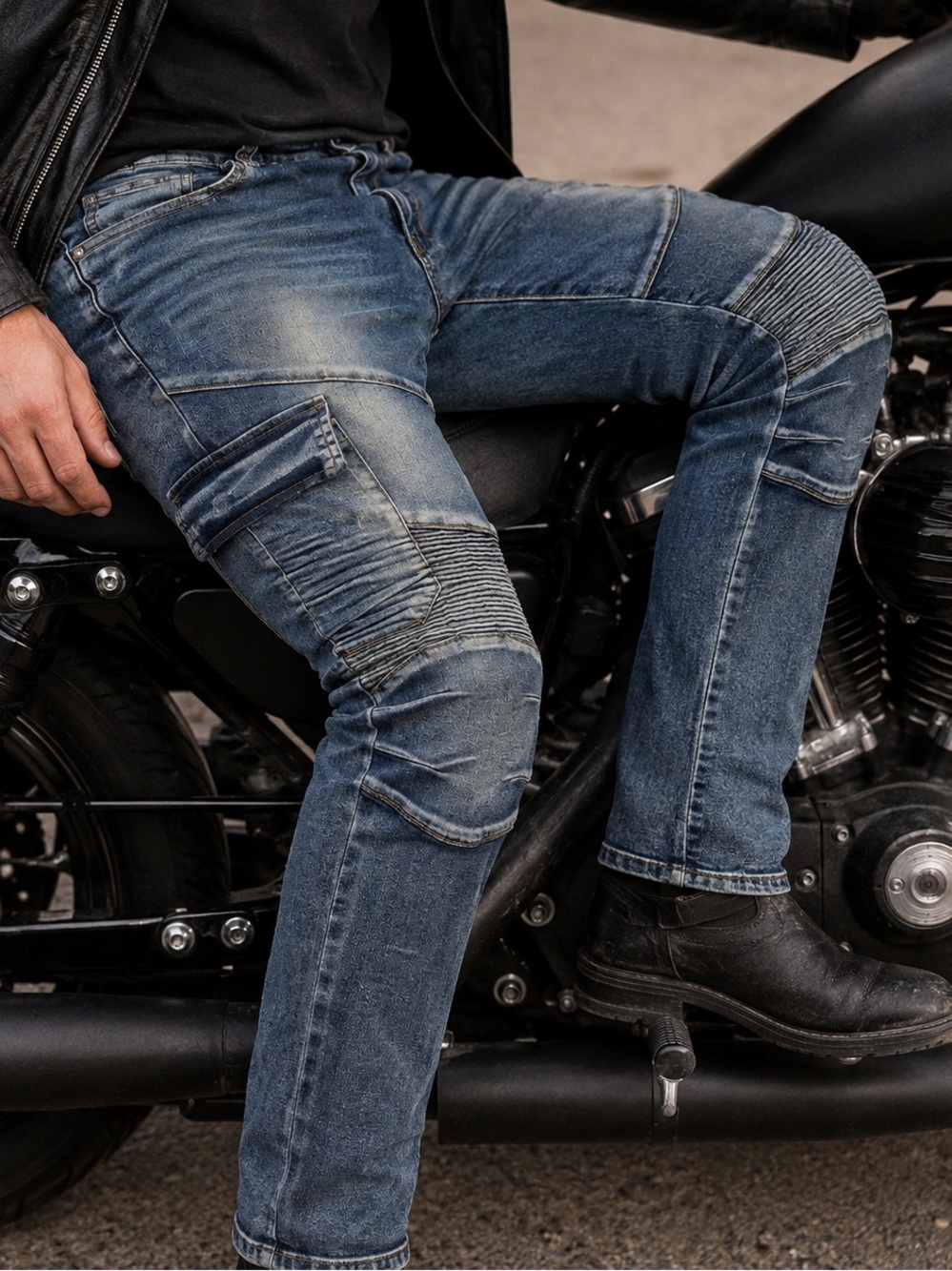 RAW X Mens Biker Jeans 34x30 Moto Ribbed Faded Whiskered Denim Grunge Streetwear
